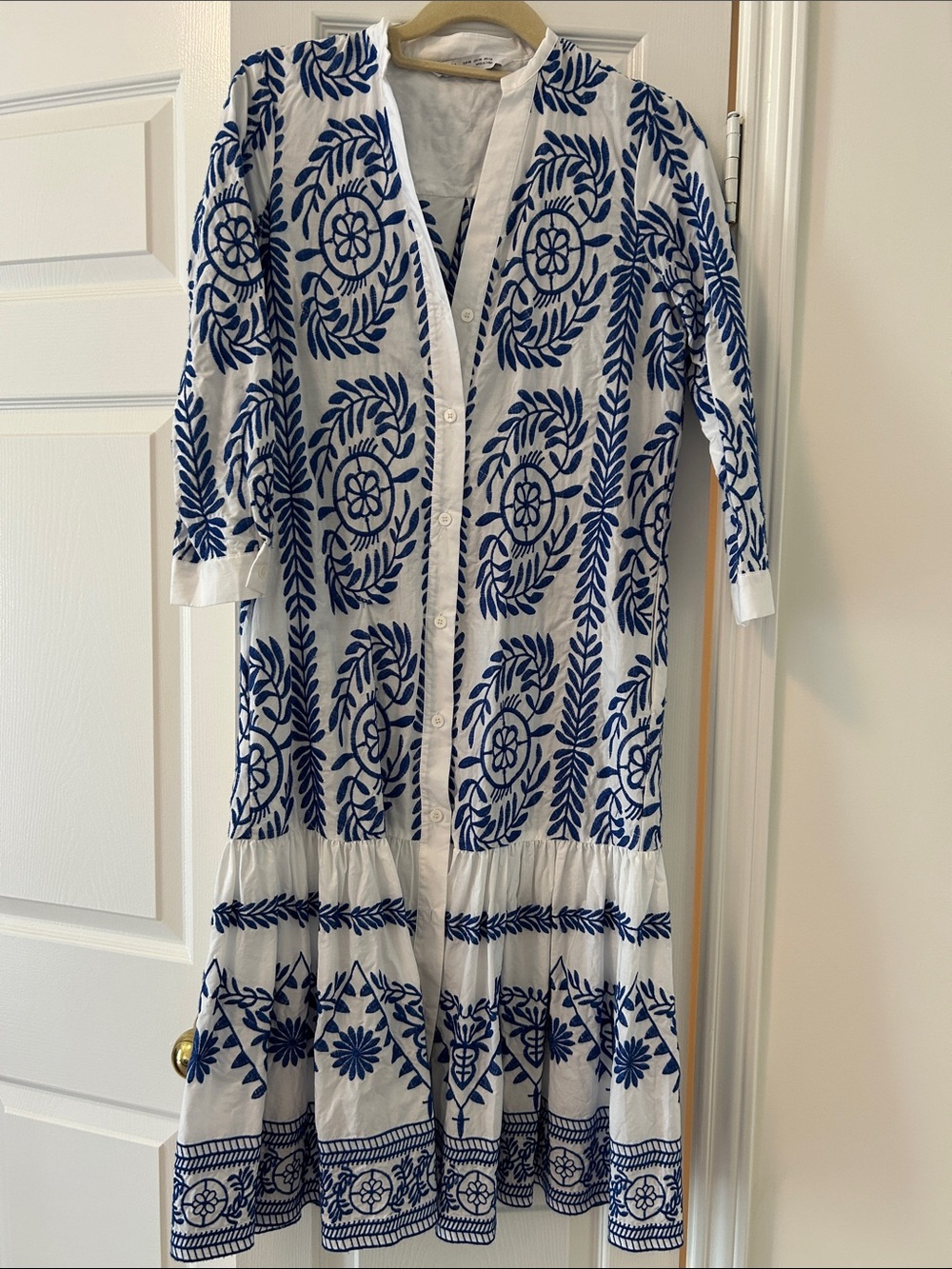 Zara White Maxi Dress with Blue Floral Embroidery